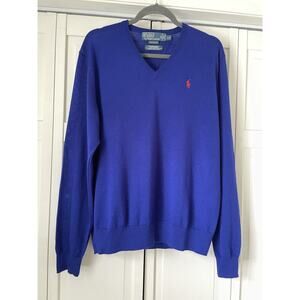 Polo Ralph Lauren Blue Merino Wool Sweater Red Pony~Large EEEUC